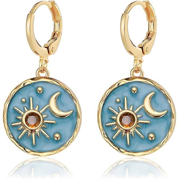 Vintage Sun & Moon Huggie Hoop Earrings – Boho Celestial Coin Jewelry - Picture 1 of 4